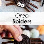 A collage of two photos of Oreo cookie spiders made with chocolate Pocky sticks and candy eyes.