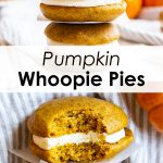 A collage of two images of pumpkin whoopie pies with a text block between them.