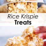 A collage of two photos of rice krispie treats with a title between them.