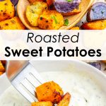 A collage of two photos of oven roasted sweet potatoes, one is dipping them in a bowl of garlic aioli.