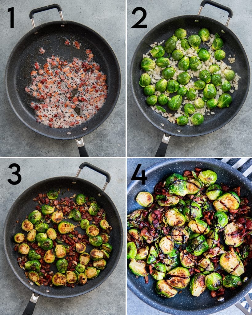 A collage of 4 steps showing how to make bacon brussel sprouts recipe.