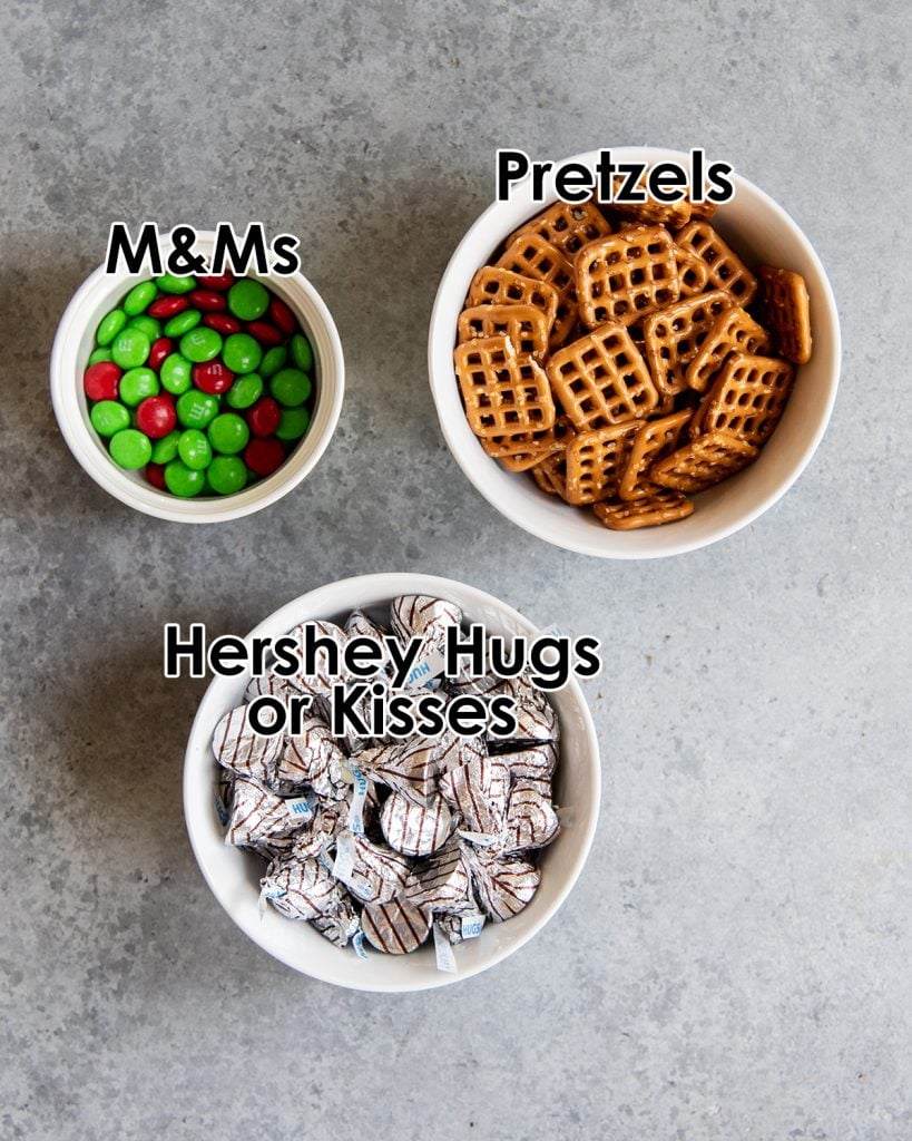 An overhead list of the ingredients needed to make Christmas Pretzel Treats.