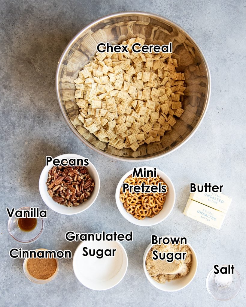 An overhead of the ingredients needed to make churro chex mix.