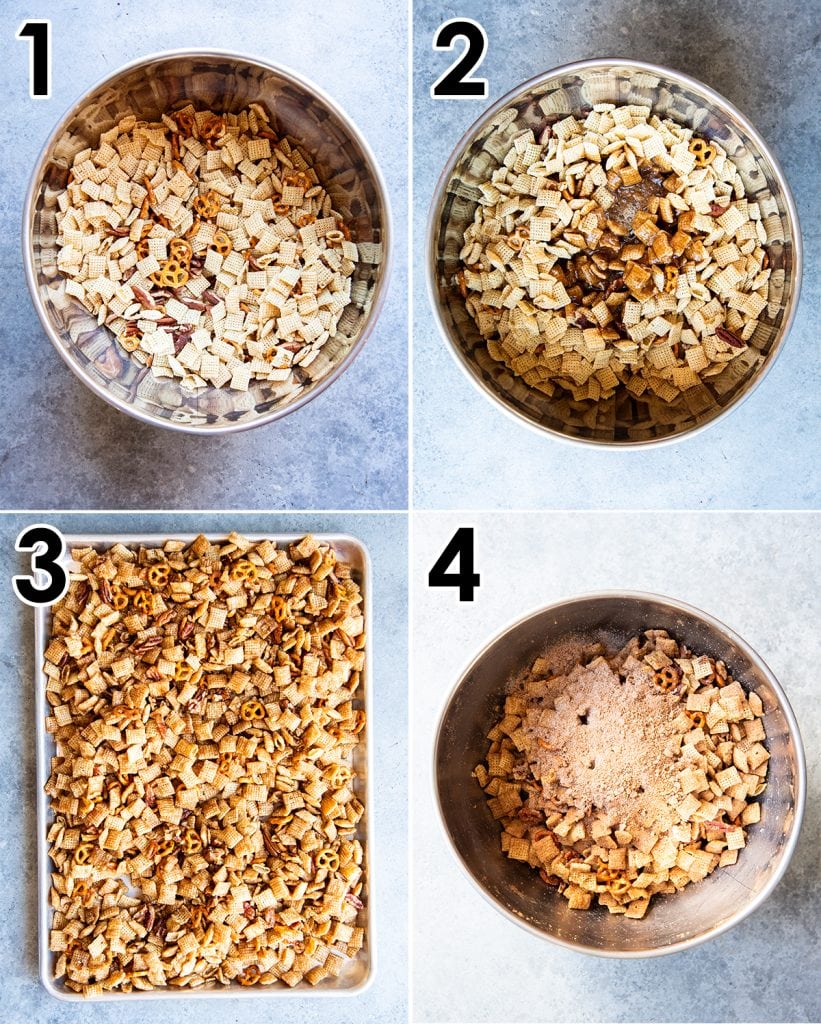 A collage of 4 photos showing the steps for how to make churro chex mix.