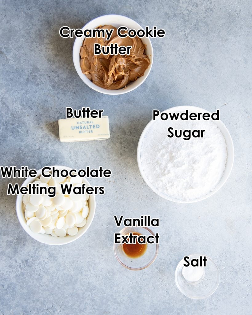 An overhead photo of the ingredients needed to make cookie butter truffles.