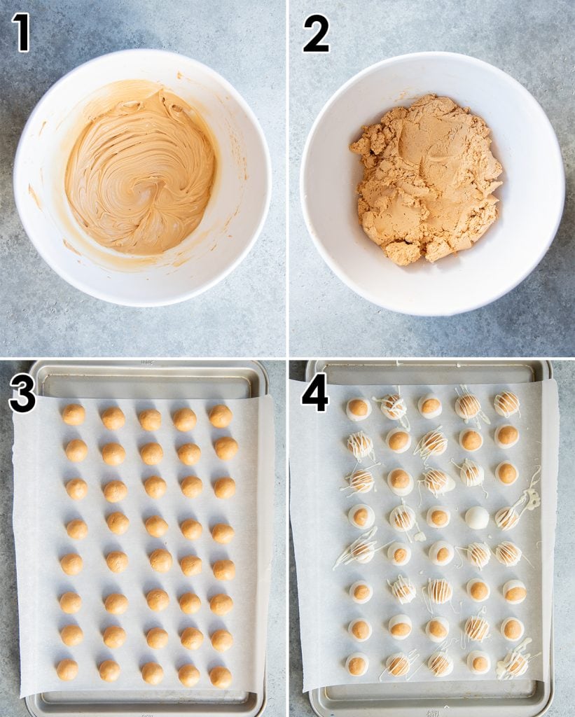 A collage of 4 photos showing how to make cookie butter truffles.