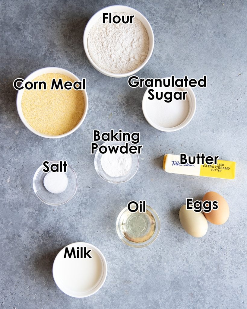 An overhead photo of the ingredients needed to make cornbread muffins.