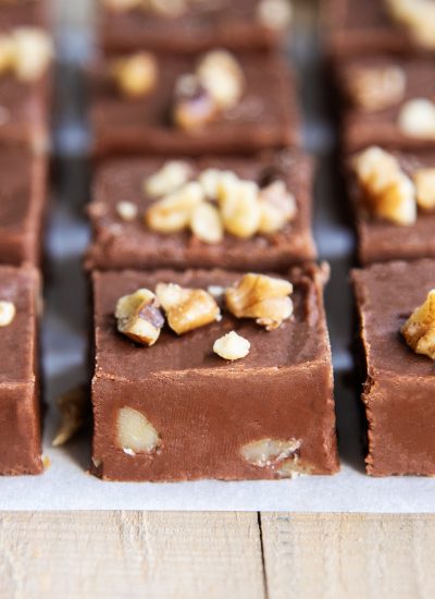 Rows of homemade chocolate and walnut fudge.