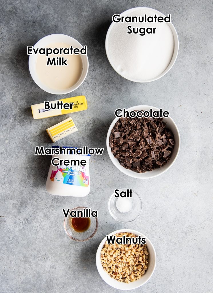 An overhead photo of the ingredients needed to make Fantasy Fudge