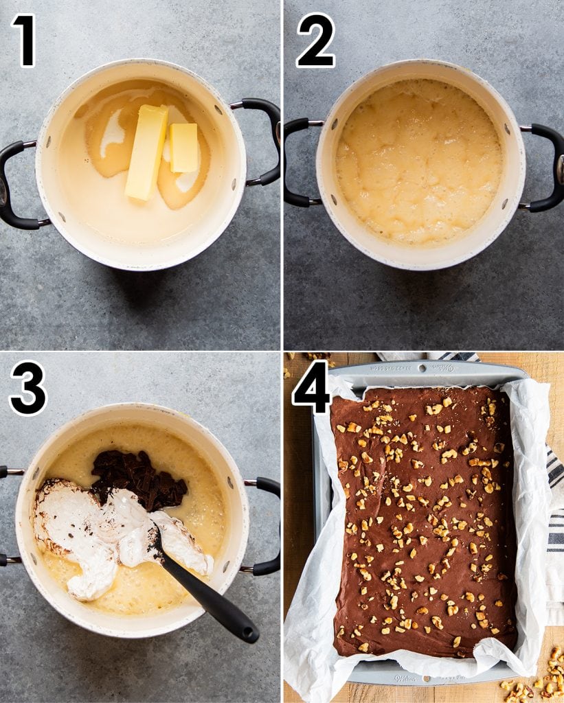 A collage of 4 photos showing how to make Fantasy Fudge.
