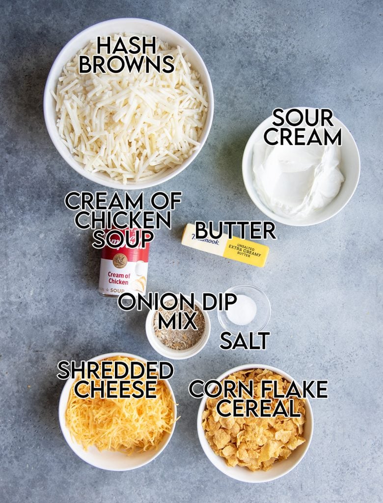 An overhead photo of the ingredients needed to make funeral potatoes.