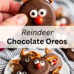 A collage of two photos of Oreos dipped in chocolate and decorated to look like reindeer with pretzel antlers.