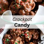 A collage of two photos of crockpot candy, chocolate peanut clusters with a text block between them.