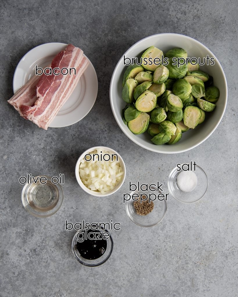 An overhead photo of the ingredients needed to make bacon brussels sprouts.