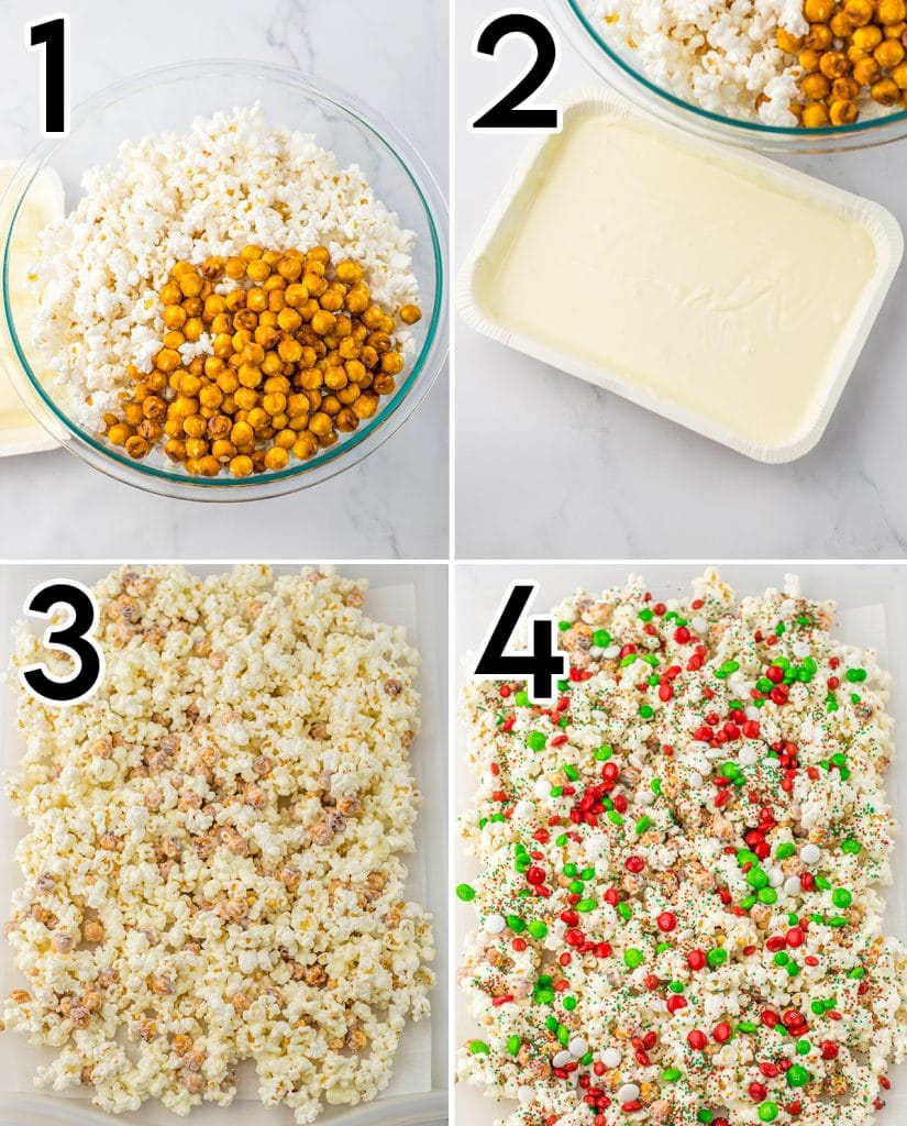 A collage of 4 photos showing the steps for how to make white chocolate Christmas popcorn.