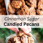 A collage of two photos of cinnamon sugar candied pecans with a text block between them for pinterest.