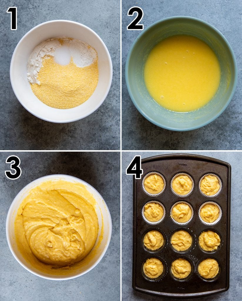 A collage of 4 photos showing how to make cornbread muffins.