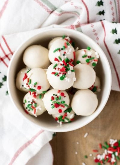 An overhead photo of a bowl of sugar cookie truffles.