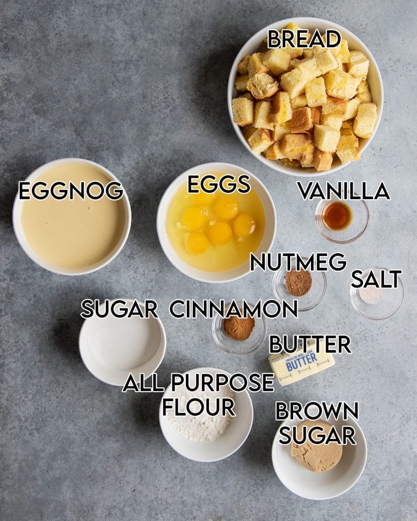 An overhead photo of the ingredients needed to make eggnog french toast casserole.