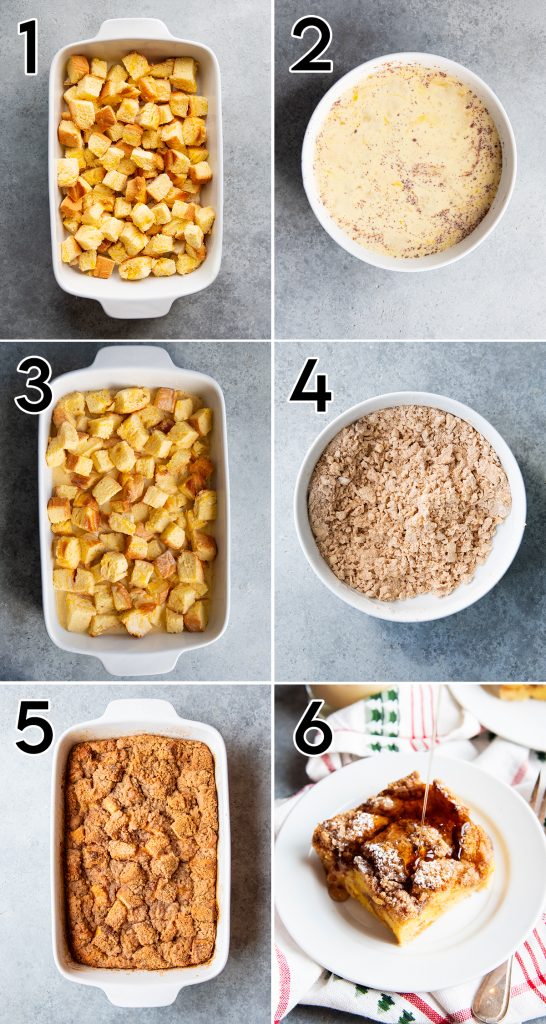 A collage of 6 photos showing how to make Eggnog French Toast Casserole. 
