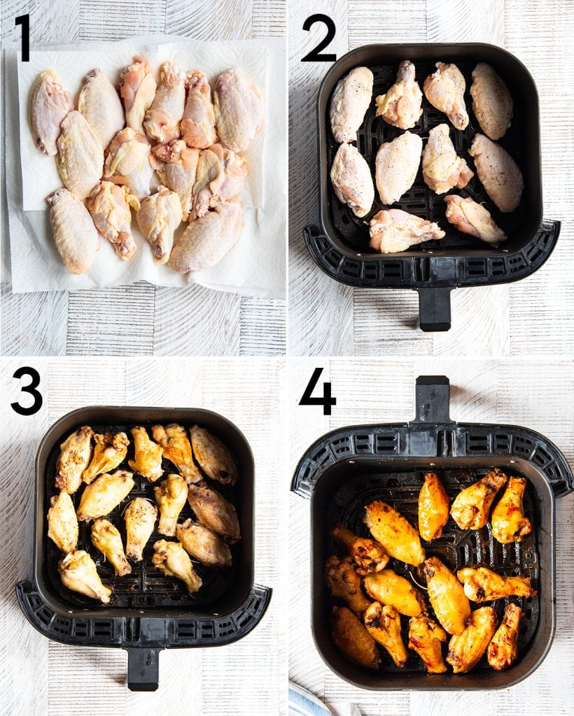 A collage of 4 photos showing how to make air fryer chicken wings.