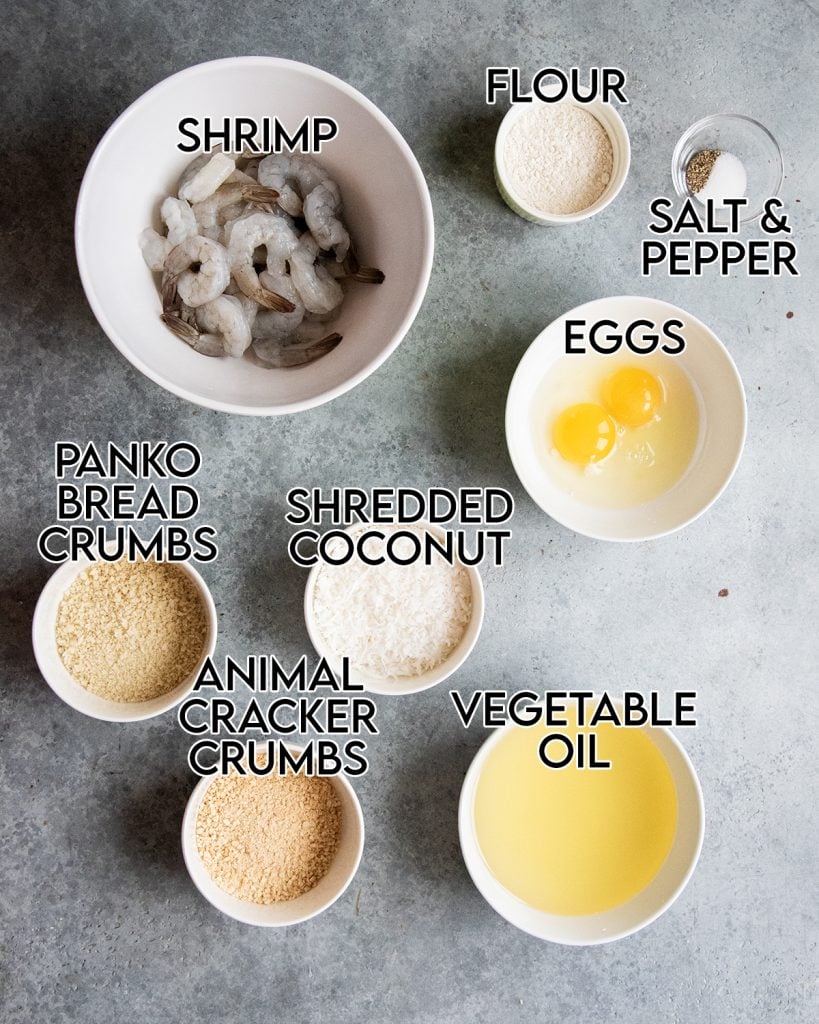 An overhead photo of the ingredients needed to make coconut shrimp at home.
