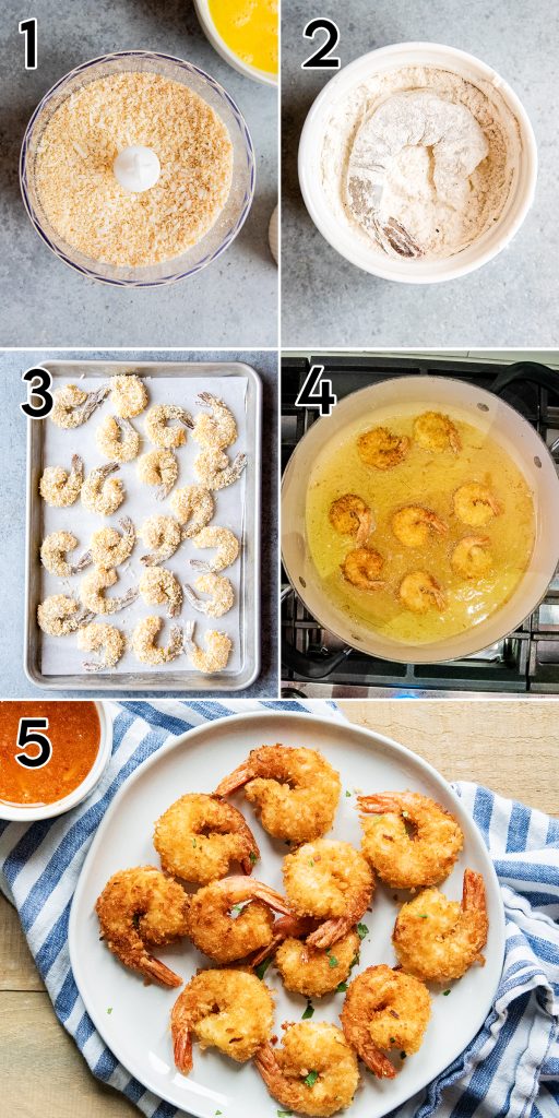 A collage of 5 photos showing how to make coconut shrimp. 
