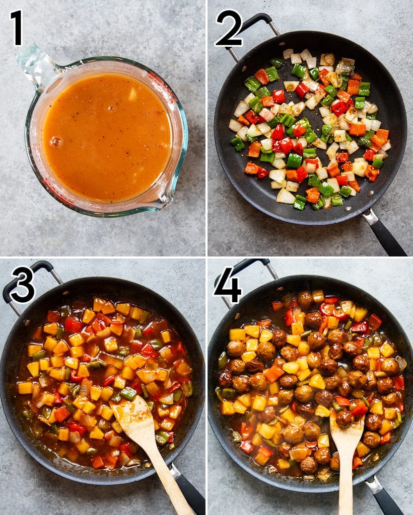A collage of four photos showing how to make sweet and sour meatballs.