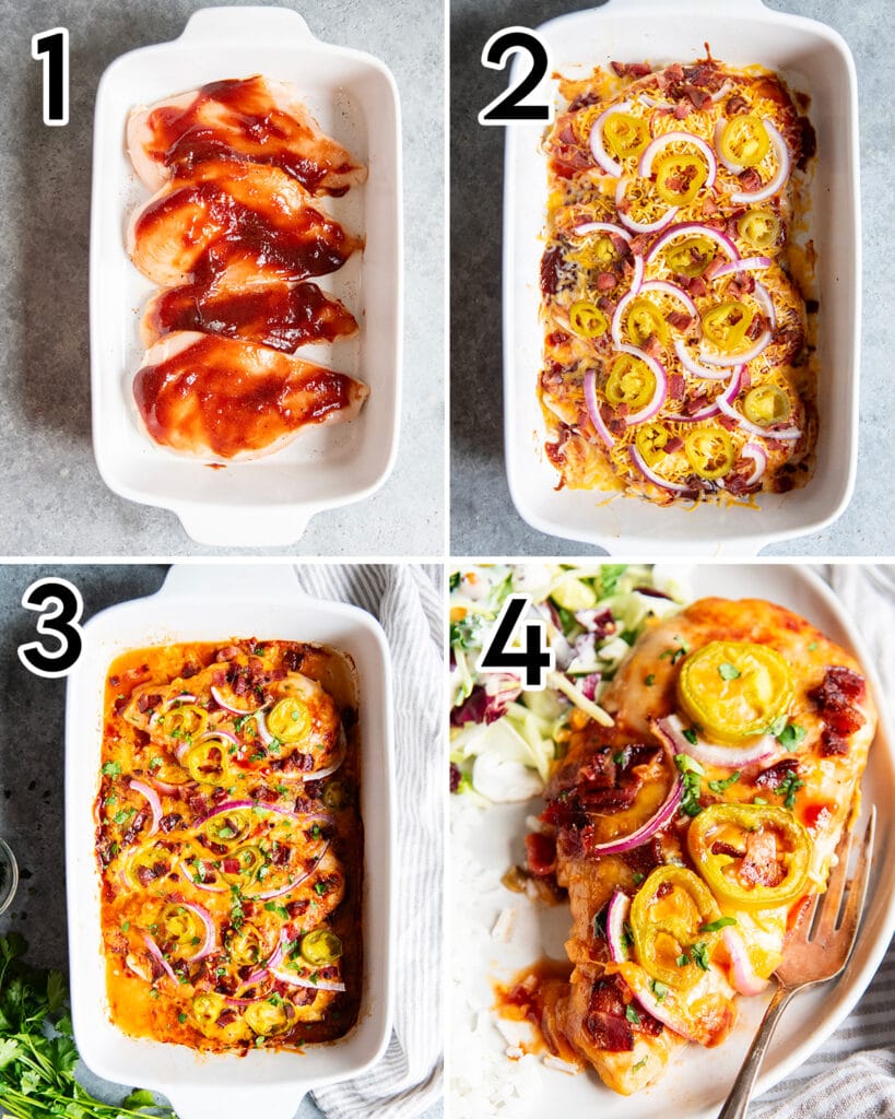A collage of 4 photos showing the steps to make Cheesy BBQ Chicken in the oven. 