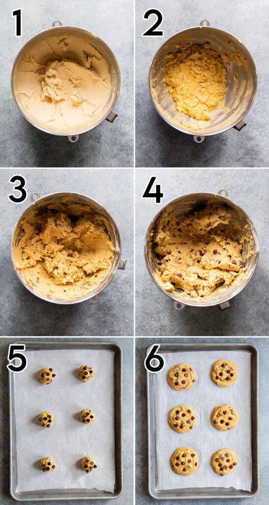 A collage of 6 photos showing how to make the best chocolate chip cookies.