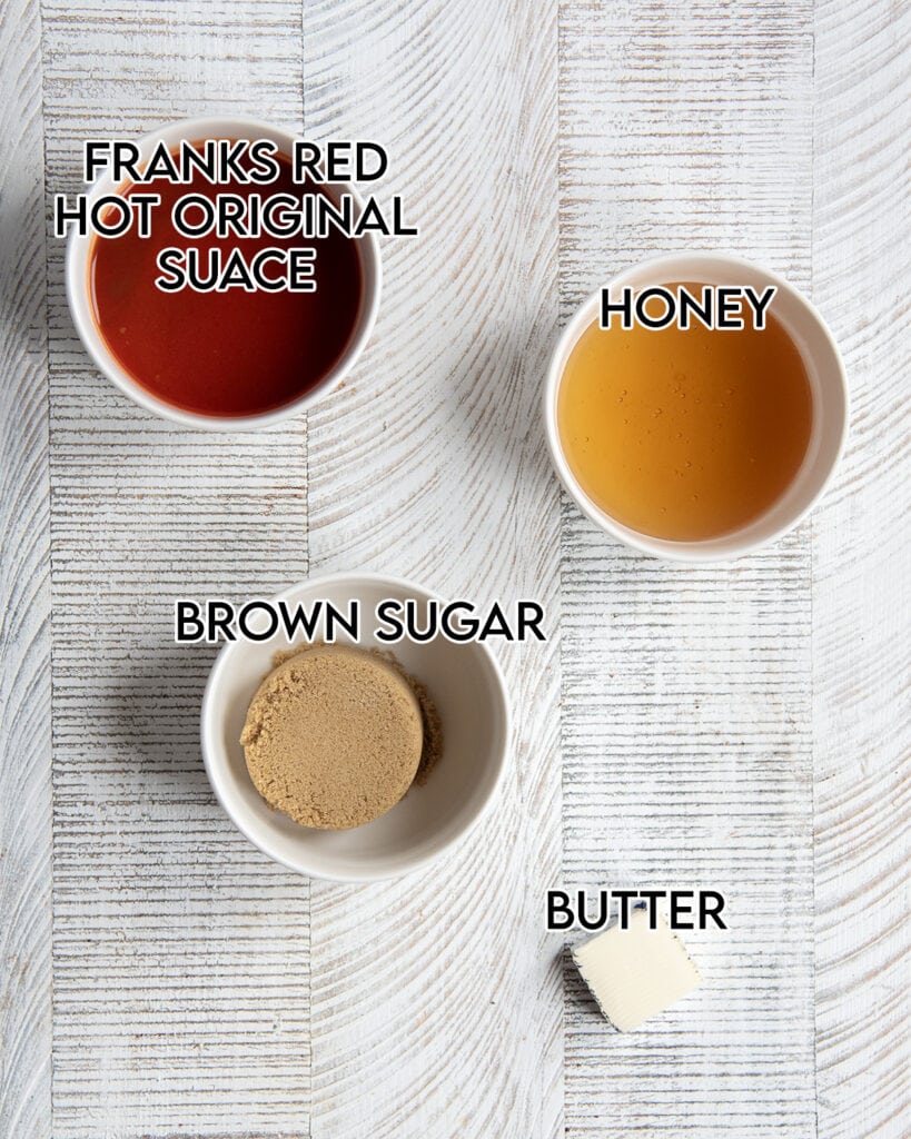 The four ingredients needed to make honey buffalo wing sauce.