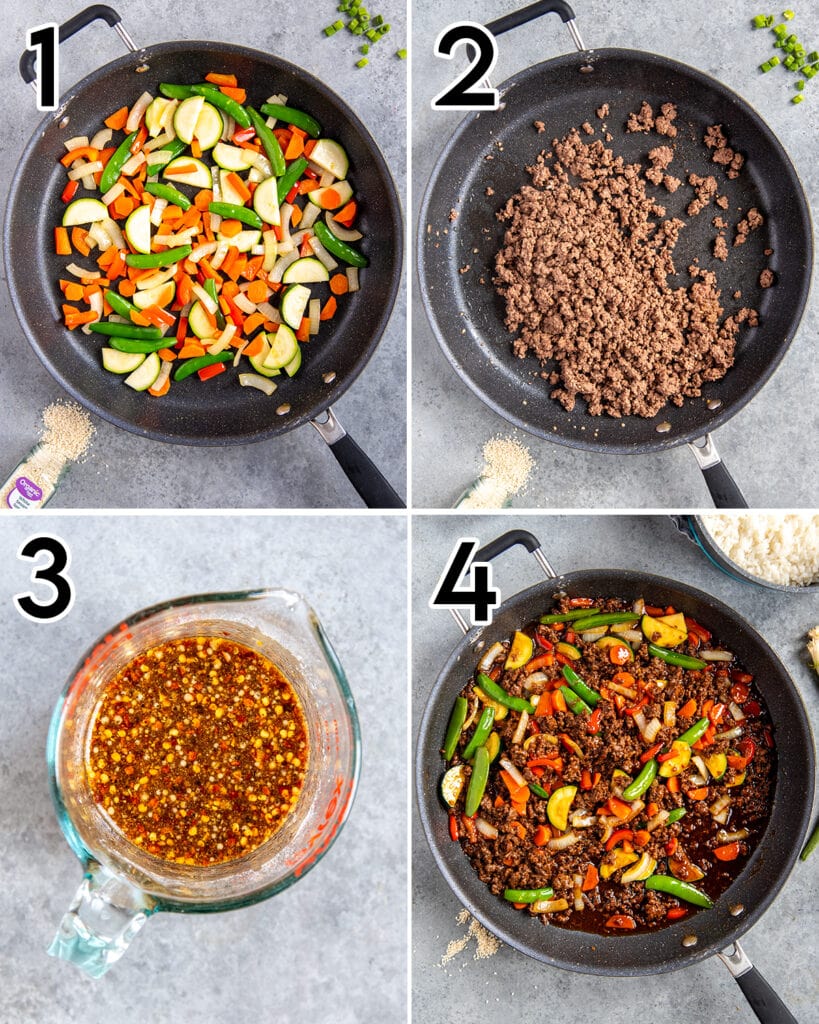 A collage of 4 photos showing how to make Korean Beef Stir Fry.