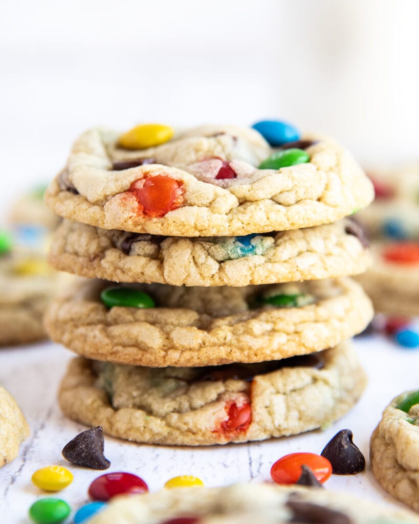A stack of 4 M&M cookies.