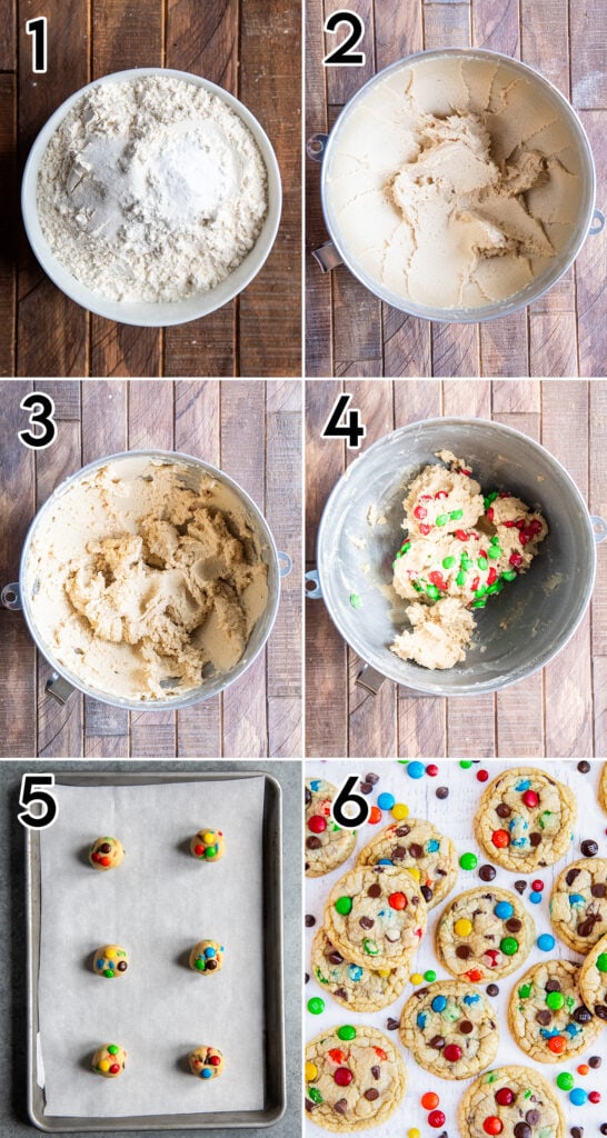 A collage of 6 photos showing the steps to make M&M cookies.