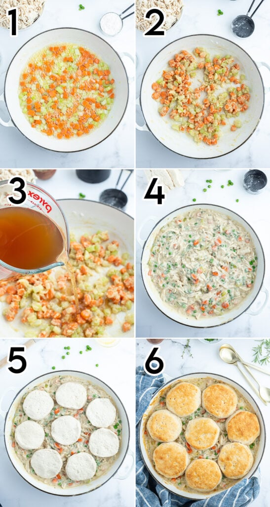 A collage of 6 photos showing how to make biscuit chicken pot pie.