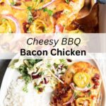 A collage of 2 images of cheese topped bbq chicken with a text block between them for pinterest.