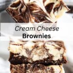 A collage of 2 images of cream cheese swirled brownies with a text block between them for pinterest.