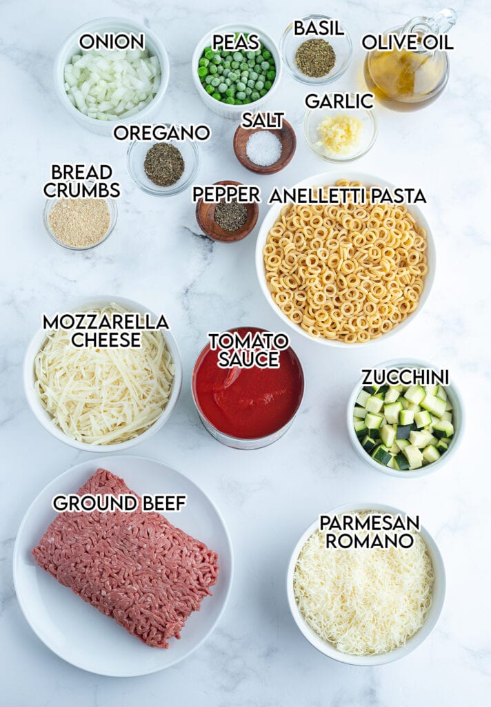 Bowls of the ingredients needed to make baked anelletti pasta.