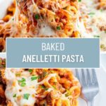 A collage of two photos of baked pasta with a text block between them for pinterest.