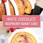 A collage of two photos of a bundt cake with cream cheese frosting on top, with a text block between them for pinterest.