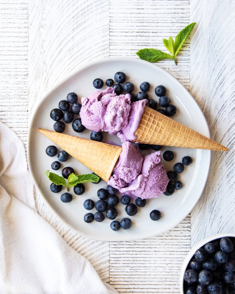 An overhead photo of a plate topped with two blueberry ice cream cones, with blueberries surrounding them.