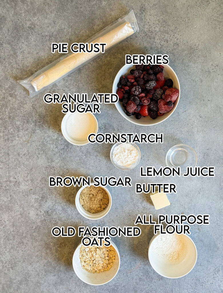 An above photo of the ingredients needed to make mini berry pies.