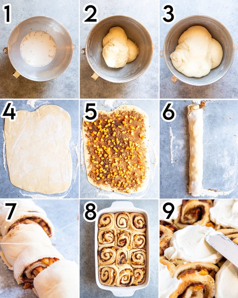 A collage of 9 photos showing the ingredients to make peach cinnamon rolls.