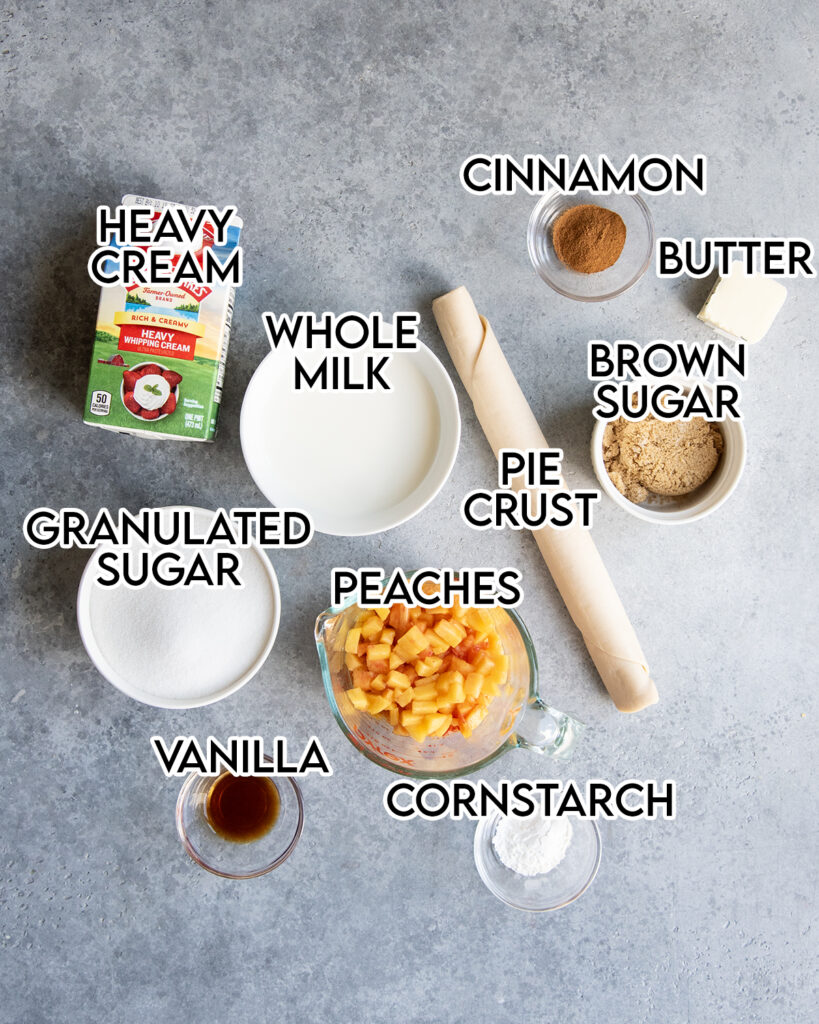 An above photo of the ingredients needed to make peach cobbler ice cream