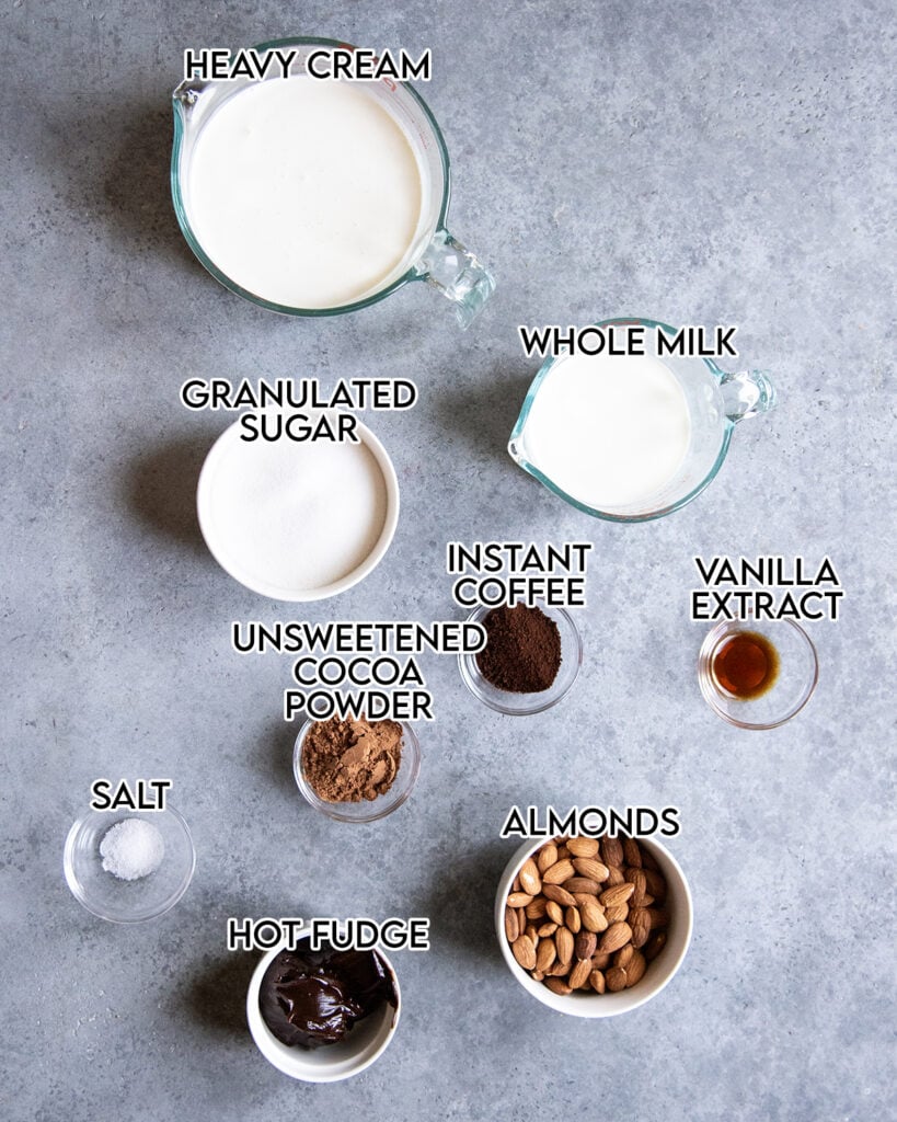 An above view of the ingredients needed to make mocha almond fudge ice cream. 