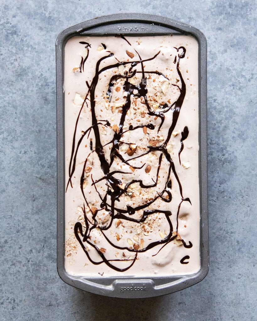 Mocha Almond Fudge Ice cream in a metal bread pan.