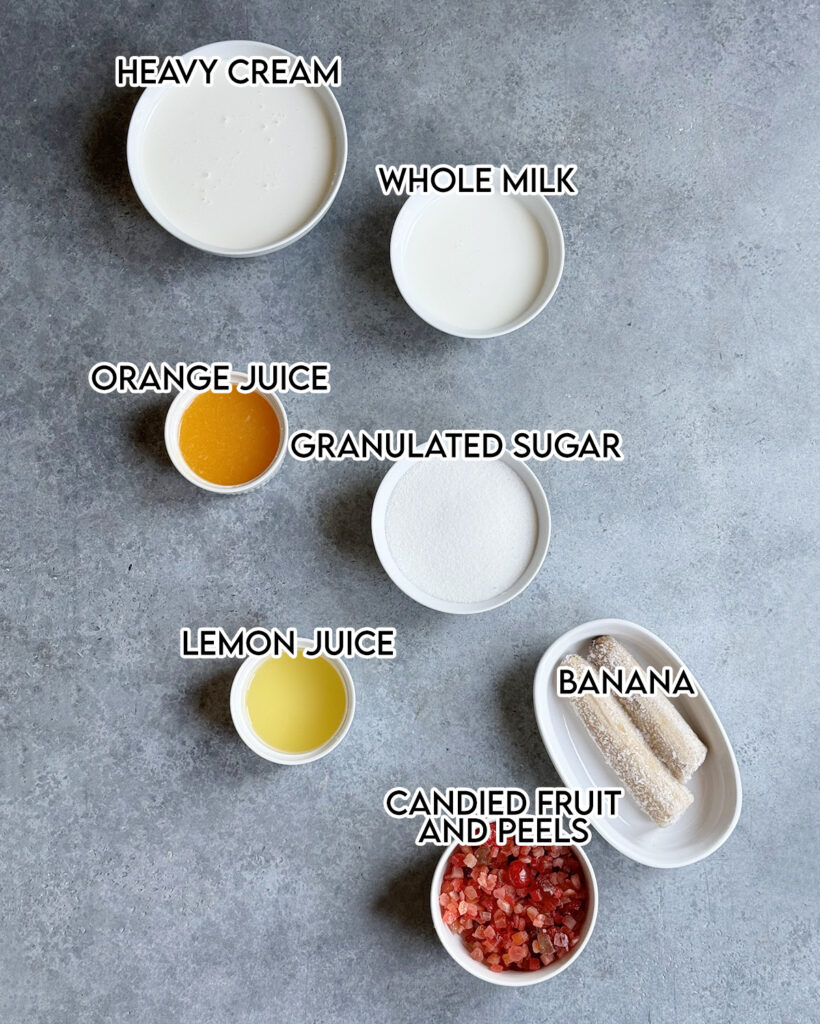 Bowls of the ingredients needed to make tutti frutti ice cream. 