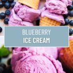 A collage of two photos of blueberry ice cream with a text block between them for pinterest.