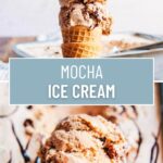 A collage of two photos of mocha almond fudge ice cream with a text block between them for pinterest.