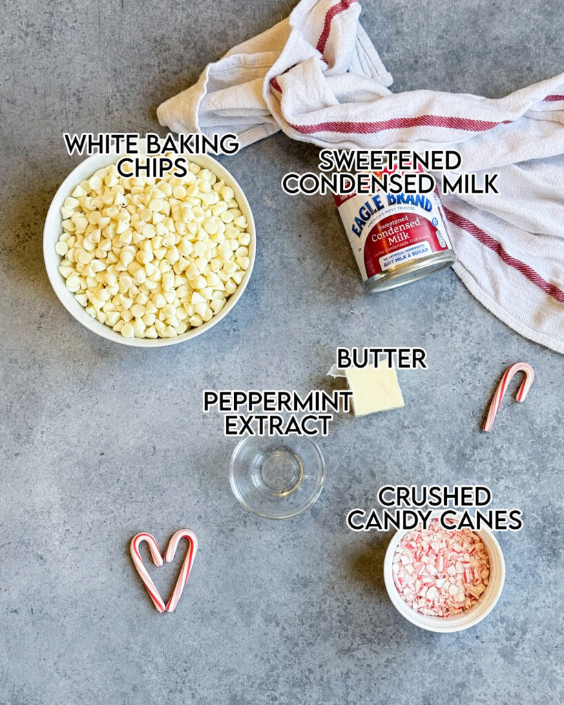 Small bowls of the ingredients needed to make white chocolate peppermint fudge.